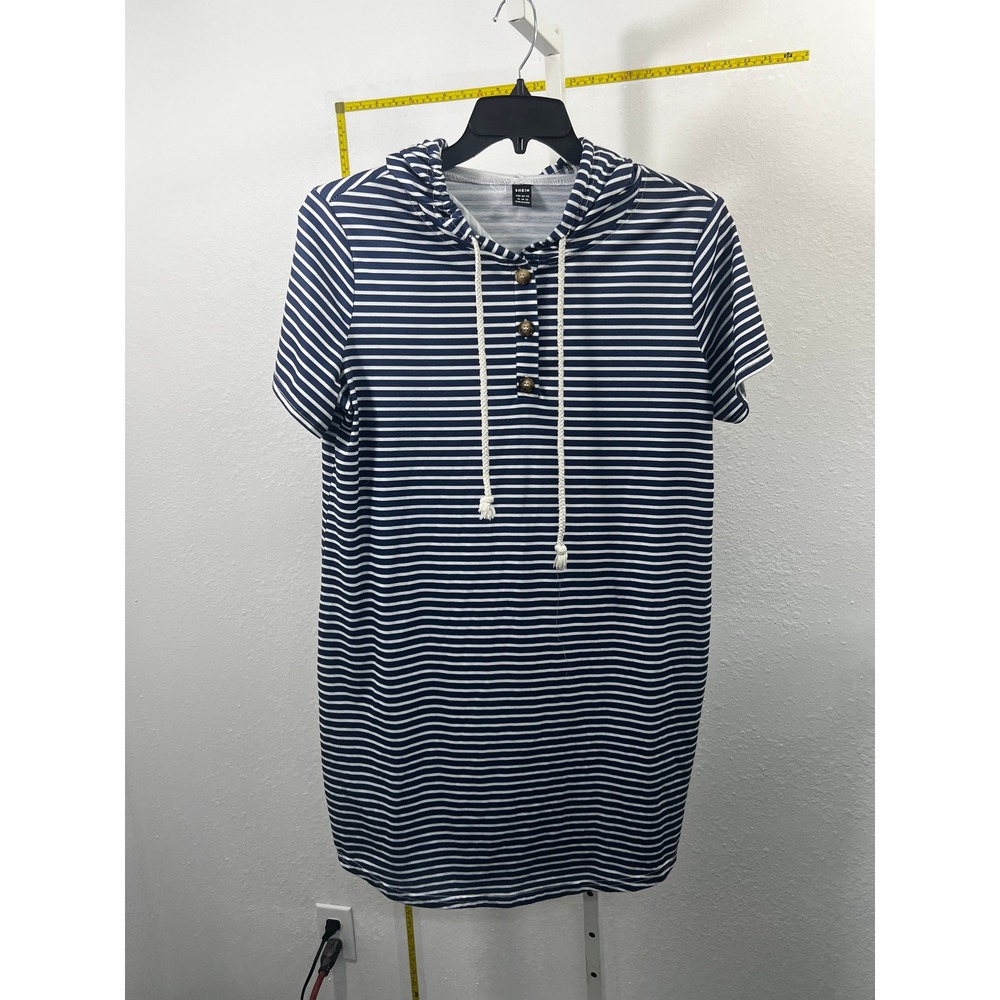 SHEIN Striped Hoodie Top Navy Blue White Button Henley Long Sleeve Womens XL 12